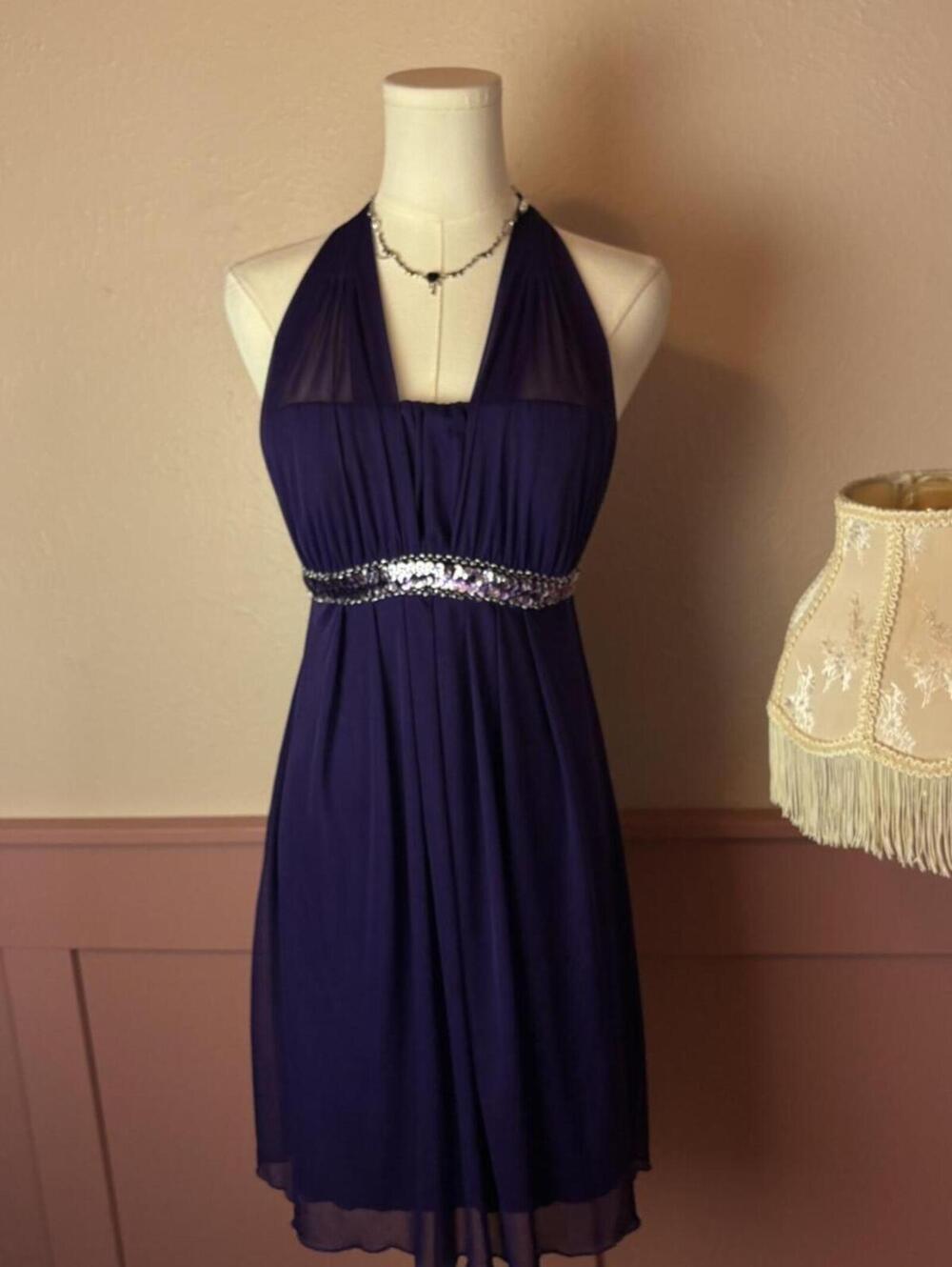 Sweet Storm y2k vintage halter sequin band tie back dress plum purple lined